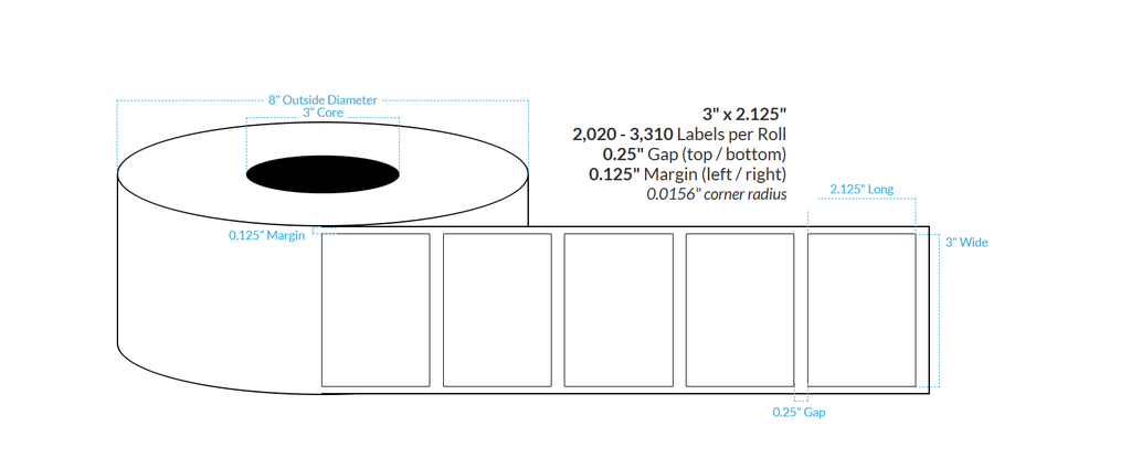 3" x 2.125" HIGH GLOSS WHITE Paper {SQUARE CORNERS} Roll Labels  (3"CORE/8"OD)