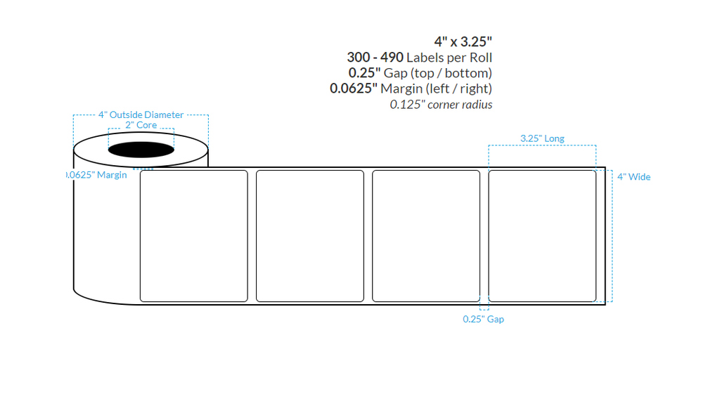 4" x 3.25" HIGH GLOSS WHITE Polypropylene BOPP {ROUNDED CORNERS} Roll Labels  (2"CORE/4"OD)