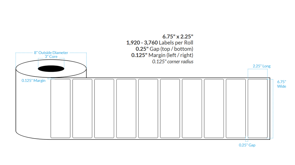 6.75" X 2.25" HIGH GLOSS WHITE BOPP Polypropylene {ROUNDED CORNERS} Roll Labels  (3"CORE/8"OD)