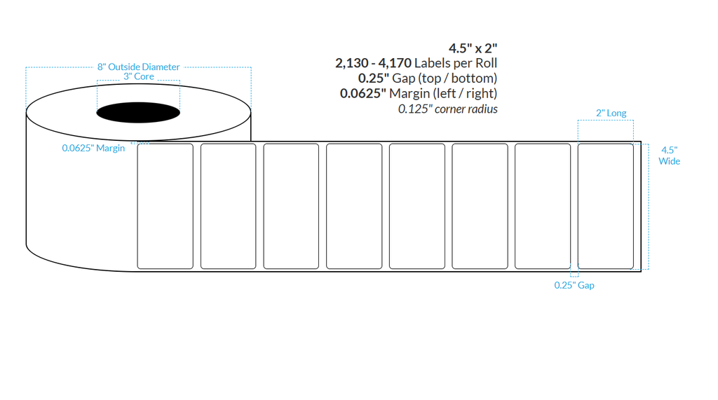 4.5" x 2" SATIN Polypropylene BOPP {ROUNDED CORNERS} Roll Labels  (3"CORE/8"OD)