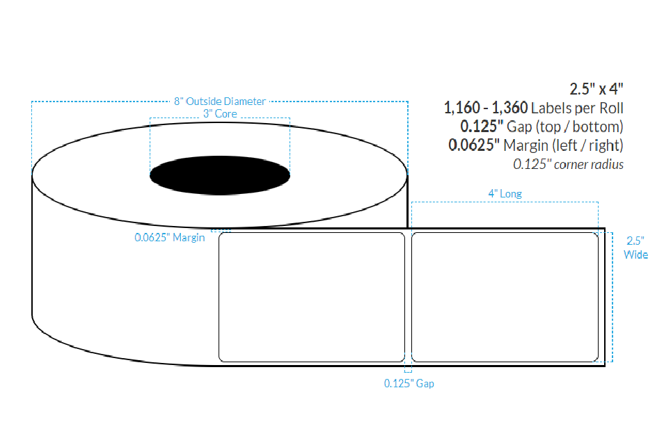 2.5" x 4" SATIN Polypropylene BOPP {ROUNDED CORNERS} Roll Labels (3"CORE/8"OD)