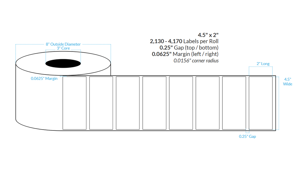 4.5" x 2" SATIN Polypropylene BOPP {SQUARE CORNERS} Roll Labels  (3"CORE/8"OD)