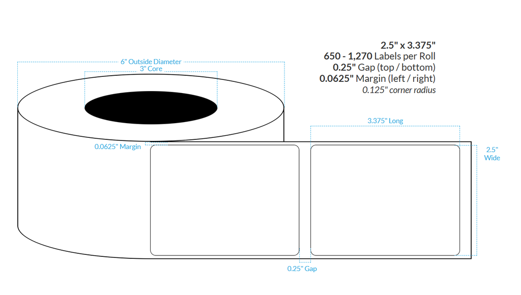 2.5" x 3.375" SATIN Polypropylene BOPP {ROUNDED CORNERS} Roll Labels (3"CORE/6"OD)