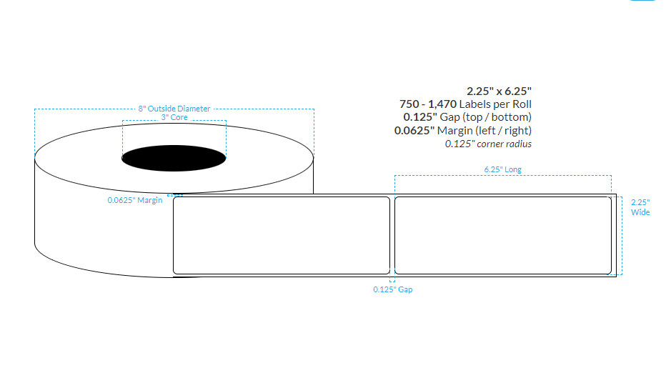 2.25" X 6.25" HIGH GLOSS WHITE BOPP Polypropylene {ROUNDED CORNERS} Roll Labels  (3"CORE/8"OD)