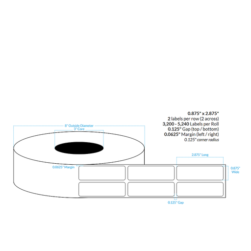 0.875" X 2.875" HIGH GLOSS WHITE PAPER {2-ACROSS ROUNDED CORNERS} Roll Labels (3"CORE/8"OD)