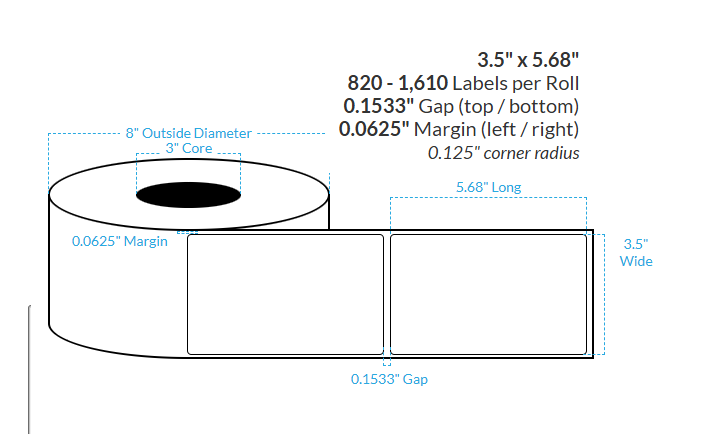 3.5" x 5.68"  MATTE WHITE Polypropylene BOPP {ROUNDED CORNERS} Roll Labels  (3"CORE/8"OD)