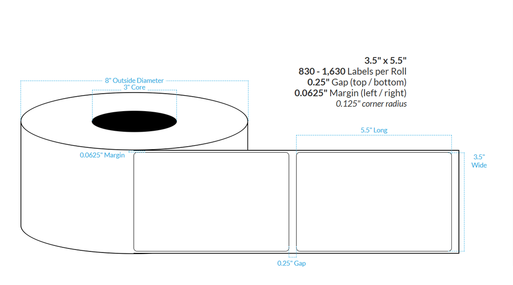 3.5" x 5.5" MATTE Polypropylene (BOPP) {ROUNDED CORNERS} Roll Labels  (3"CORE/8"OD)