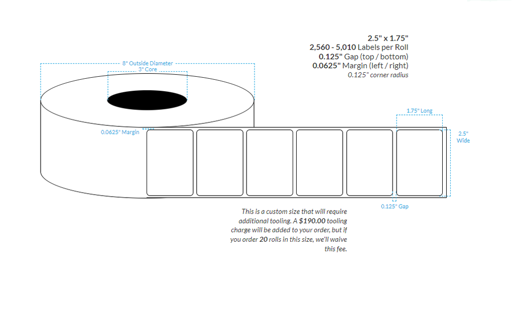 2.5" x 1.75" HIGH GLOSS WHITE Polypropylene BOPP {ROUNDED CORNERS} Roll Labels (3"CORE/8"OD)