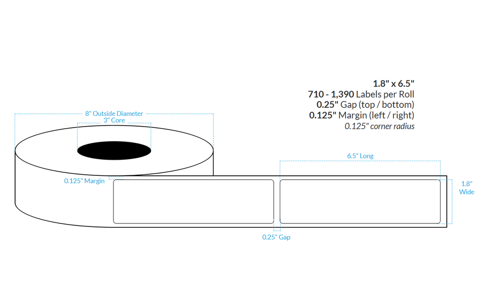 1.8" X 6.5" SILVER POLYPROPYLENE BOPP {ROUNDED CORNERS} Roll Labels  (3"CORE/8"OD)