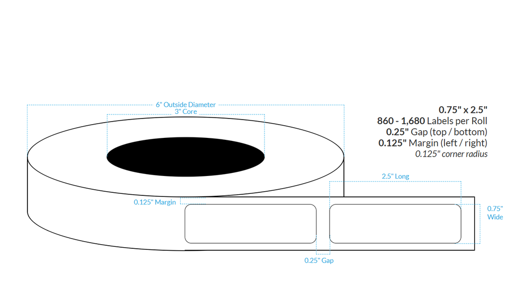 .75" x 2.5" MATTE WHITE PAPER {ROUNDED CORNERS} Roll Labels  (3"CORE/6"OD)