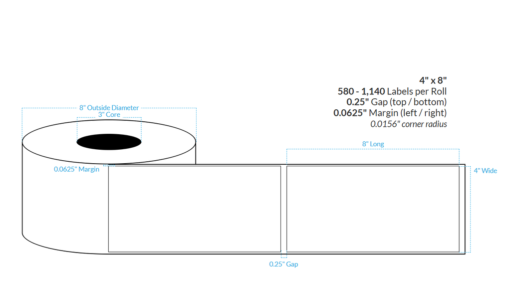 4" X 8" HIGH GLOSS WHITE Polypropylene BOPP {SQUARE CORNERS} Roll Labels  (3"CORE/8"OD)