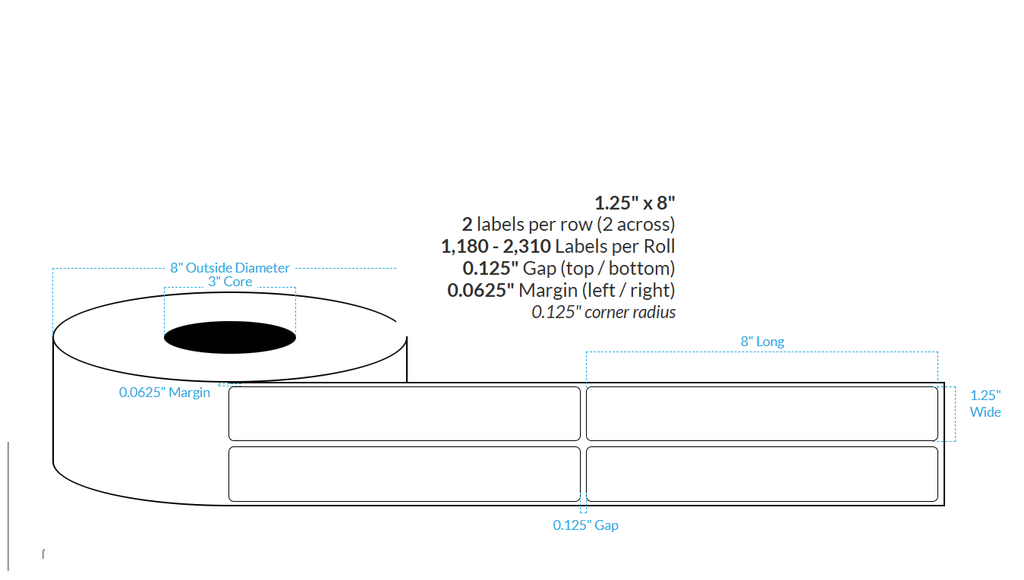 1.25" x 8" MATTE WHITE Polypropylene BOPP {ROUNDED CORNERS} Roll Labels  (3"CORE/8"OD)