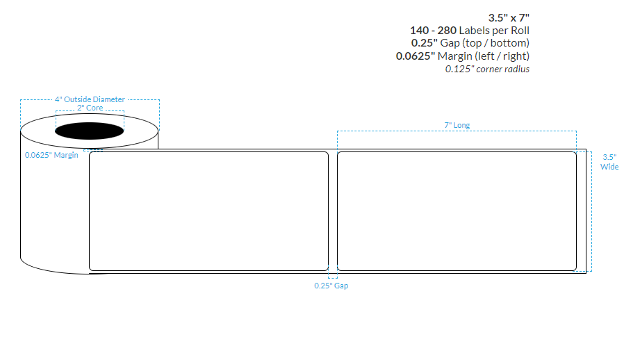 3.5" x 7" SATIN Polypropylene BOPP {ROUNDED CORNERS} Roll Labels  (2"CORE/4"OD)