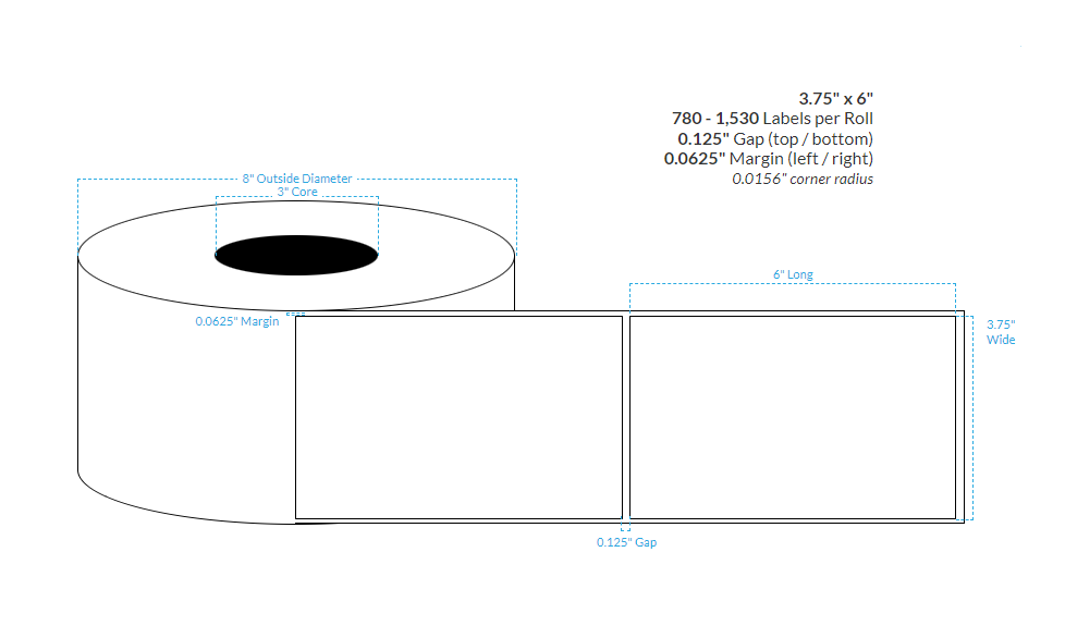 3.75" x 6" MATTE WHITE KIMDURA {SQUARE CORNERS} Roll Labels  (3"CORE/8"OD)