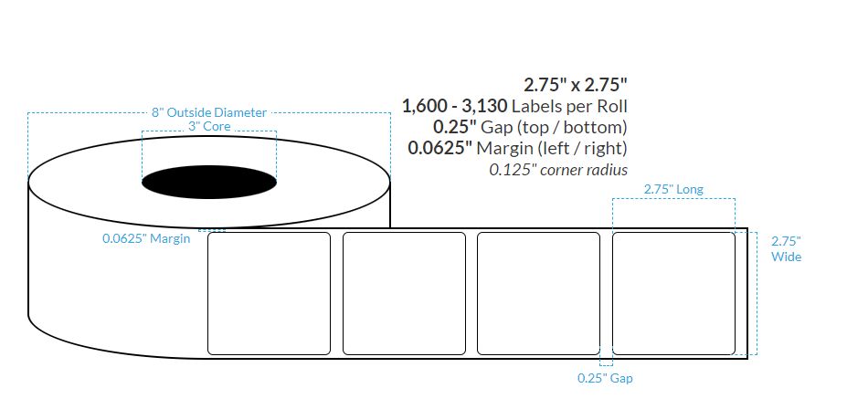 2.75" x 2.75" SMOOTH SILVER HOLOGRAPHIC {ROUNDED CORNERS/TIMING MARKS/MATRIX ON} Roll Labels  (3"CORE/8"OD)