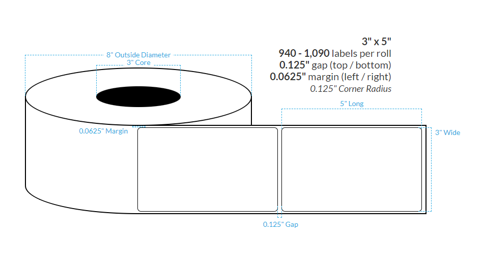 3" x 5" REMOVABLE MATTE WHITE Polypropylene BOPP {ROUNDED CORNERS} Roll Labels  (3"CORE/8"OD)