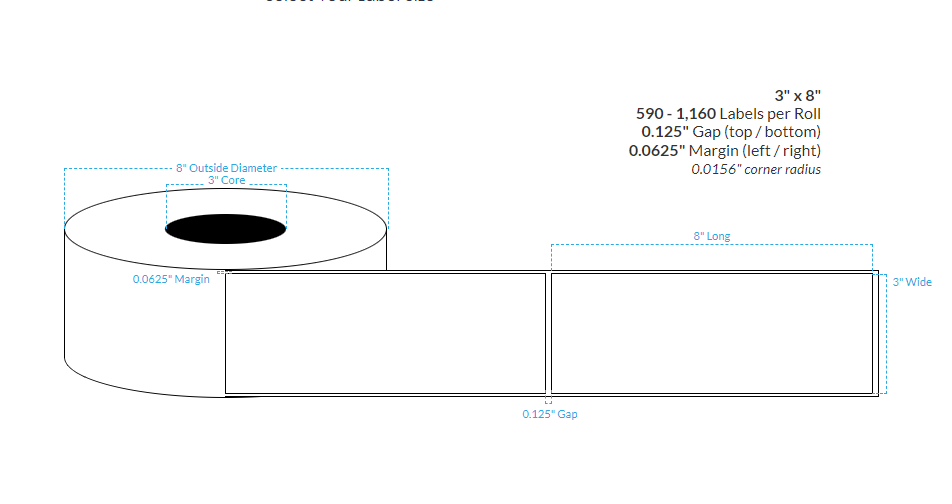 3" x 8" MATTE WHITE KIMDURA {SQUARE CORNERS} Roll Labels  (3"CORE/8"OD)