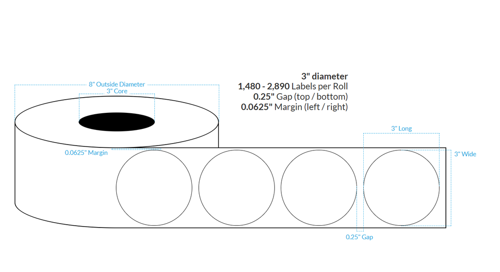 3" HIGH GLOSS WHITE Polypropylene BOPP {CIRCLE} Roll Labels  (3"CORE/8"OD)  AFINIA L801 SPECIFIC