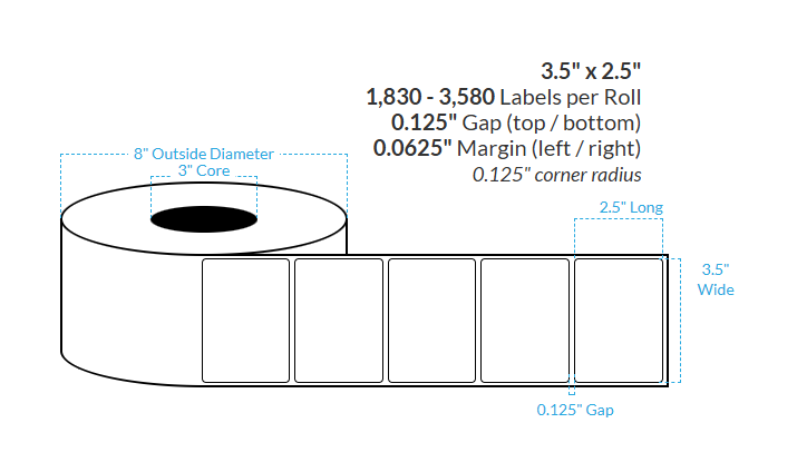 3.5" x 2.5" MATTE WHITE Polypropylene (BOPP) {ROUNDED CORNERS} Roll Labels  (3"CORE/8"OD)