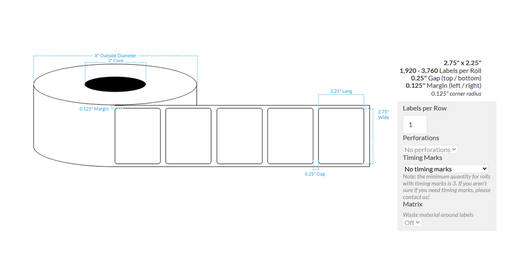 2.75" x 2.25" HIGH GLOSS WHITE Polypropylene BOPP {ROUND CORNERS} Roll Labels (3"CORE/8"OD)