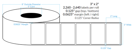 [100907-3X8-G21-129-1000000] 3" x 2" HIGH GLOSS WHITE {ROUNDED CORNERS} Roll Labels  (3"CORE/8"OD)