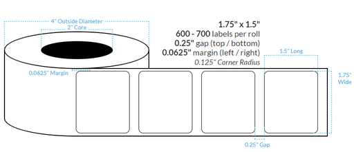 [100591-2X4-W31-125-1000000] 1.75" x 1.5"  PREMIUM HIGH GLOSS WHITE Polypropylene BOPP {ROUNDED CORNERS} Roll Labels (2"CORE/4"OD)