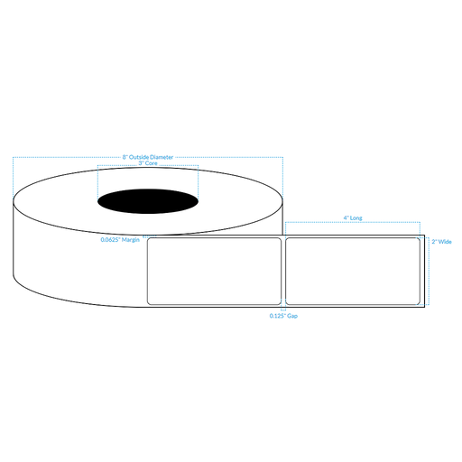 [100594-3X8-W31-129-1000000] 2" x 4" 1 ACROSS  PREMIUM HIGH GLOSS WHITE Polypropylene BOPP {ROUNDED CORNERS} Roll Labels  (3"CORE/8"OD)