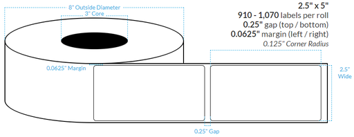 [100724-3X8-W31-129-1000000] 2.5" x 5"  PREMIUM HIGH GLOSS WHITE Polypropylene BOPP {ROUNDED CORNERS} Roll Labels  (3"CORE/8"OD)