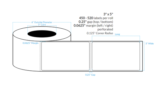 [100537-3X8-W31-129-1000000] 3" x 5" PREMIUM HIGH GLOSS WHITE Polypropylene BOPP {ROUNDED CORNERS} Roll Labels  (3"CORE/8"OD)