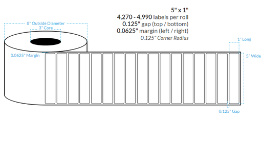 [100911-3X8-G11-138-1000000] 5" x 1" MATTE WHITE PAPER {ROUNDED CORNERS} Roll Labels  (3"CORE/8"OD)