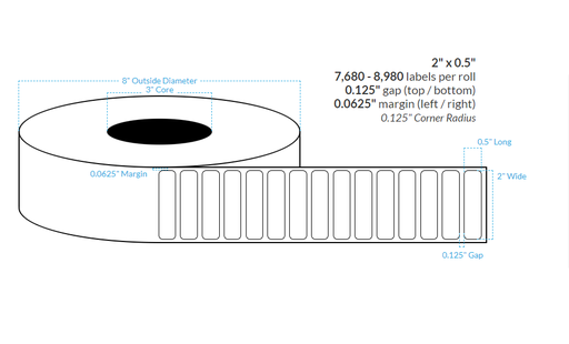 [100587-3X8-C81-161-1000000] 2" x 0.5" SEMI GLOSS WHITE PAPER {ROUNDED CORNERS} Roll Labels (3"CORE/8"OD)