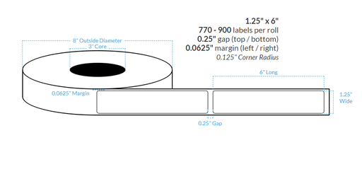 [100354-3X8-R413-161-1000000] 1.25" x 6" MATTE WHITE Polypropylene BOPP {ROUNDED CORNERS} Roll Labels  (3"CORE/8"OD)