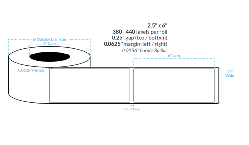 [102612-3X6-R31-151-1000000] 2.5" x 6" HIGH GLOSS WHITE Polypropylene  BOPP {SQUARE CORNERS} Roll Labels (3"CORE/6"OD)