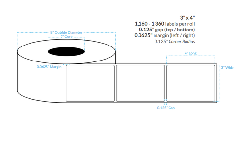 [100393-3X8-R31-129-1000000] 3" X 4" HIGH GLOSS WHITE Polypropylene BOPP {ROUNDED CORNERS} Roll Labels  (3"CORE/8"OD)