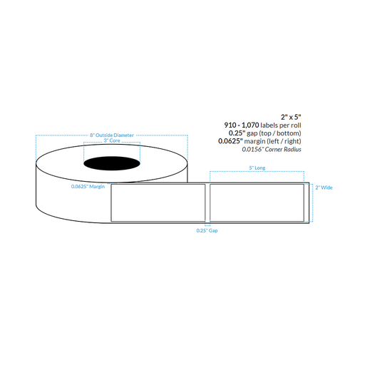 [100247-3X8-R413-141-1000000] 2" x 5"  MATTE WHITE Polypropylene BOPP {ROUNDED CORNERS} Roll Labels  (3"CORE/8"OD)