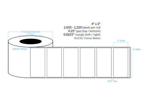 [100257-3X6-CS1-177-1000000] 4" x 2" SILVER Polypropylene BOPP {SQUARE CORNERS} Roll Labels (3"CORE/6"OD)