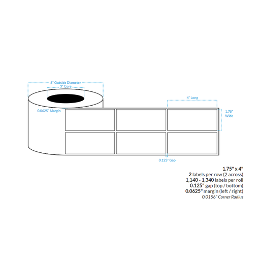 [101994-3X6-R31-162-2000000] 1.75" x 4" HIGH GLOSS WHITE Polypropylene BOPP {SQUARE CORNERS} Roll Labels  (3"CORE/6"OD)