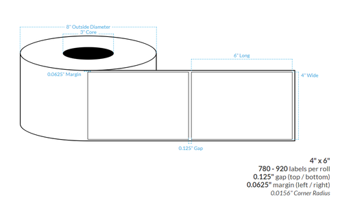 [102473-3X8-G11-141-1000000] 4" X 6" MATTE WHITE PAPER {SQUARE} Roll Labels  (3"CORE/8"OD)