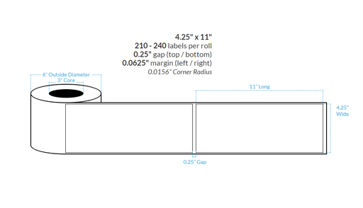 [101706-3X6-W31-151-1000000] 4.25" X 11" PREMIUM HIGH GLOSS WHITE Polypropylene BOPP {SQUARE CORNERS} Roll Labels  (3"CORE/6"OD)