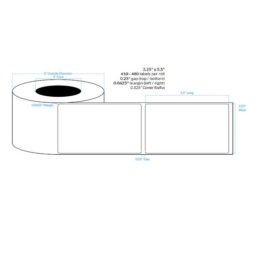 [100797-3X6-W31-151-1000000] 3.25" X 5.5" PREMIUM HIGH GLOSS WHITE Polypropylene BOPP {ROUNDED CORNERS} Roll Labels  (3"CORE/6"OD)