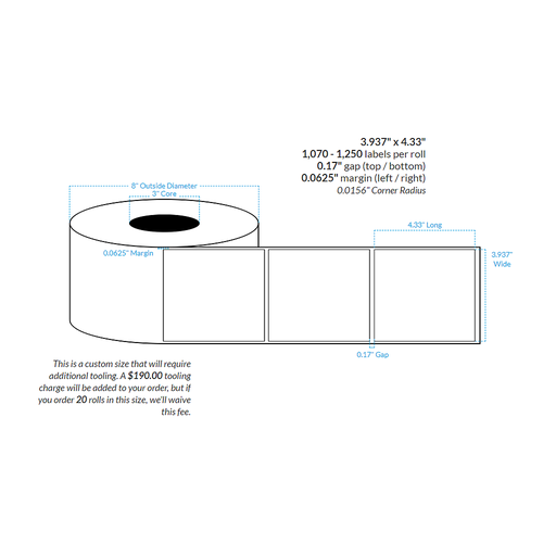 [103660-3X8-R413-182-1000000] 3.937" x 4.33" MATTE WHITE Polypropylene BOPP {SQUARE CORNERS} Roll Labels  (3"CORE/8"OD)