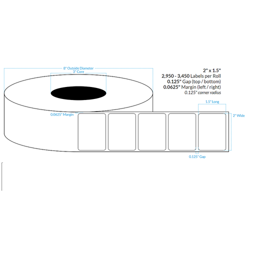 [100080-3X8-R413-129-1000000] 2" x 1.5"  MATTE WHITE Polypropylene BOPP {ROUNDED CORNERS} Roll Labels  (3"CORE/8"OD)