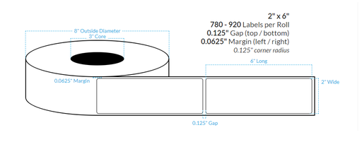 [100458-3X8-R31-110-1000000] 2" x 6" HIGH GLOSS WHITE Polypropylene BOPP {ROUNDED CORNERS} Roll Labels (3"CORE/8"OD)