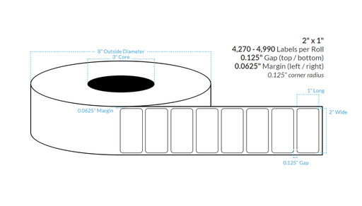 [100446-3X8-R31-110-1000000] 2" x 1" HIGH GLOSS WHITE Polypropylene BOPP {ROUNDED CORNERS} Roll Labels (3"CORE/8"OD)