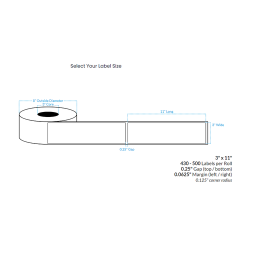 [100899-3X8-R31-110-1000000] 3" x 11"  HIGH GLOSS WHITE Polypropylene BOPP {ROUNDED CORNERS} Roll Labels (3"CORE/8"OD)