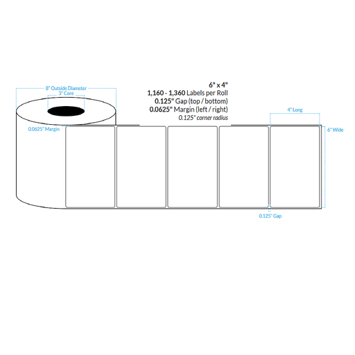 [100685-3X8-G21-181-1000000] 6" X 4" HIGH GLOSS WHITE PAPER {ROUNDED CORNERS} Roll Labels  (3"CORE/8"OD)