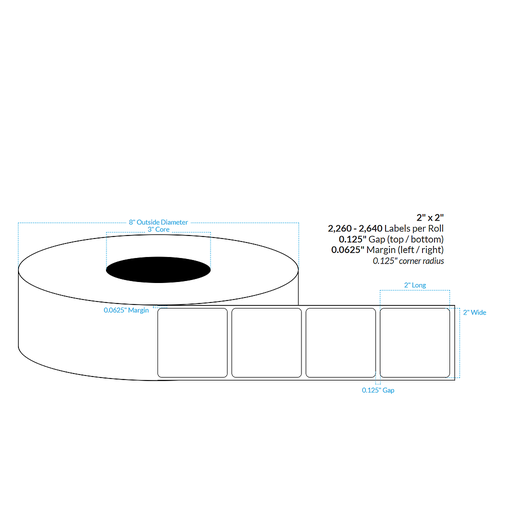 [100707-3X8-R413-161-1000000] 2" x 2"  MATTE WHITE Polypropylene BOPP {ROUNDED CORNERS} Roll Labels  (3"CORE/8"OD)