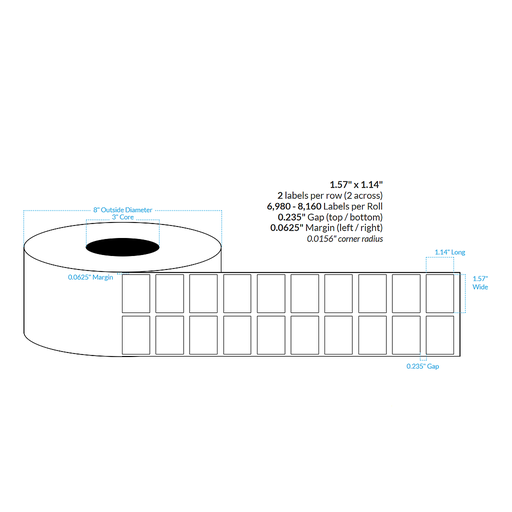 [103756-3X8-R31-129-2000000] 1.57" x 1.14"  2-ACROSS HIGH GLOSS WHITE Polypropylene BOPP {SQUARE CORNERS} Roll Labels (3"CORE/8"OD)