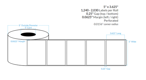 [100416-3X8-G21-182-1000000] 5" x 3.625" HIGH GLOSS WHITE PAPER {SQUARE CORNERS-PERFORATED} Roll Labels (3"CORE/8"OD)