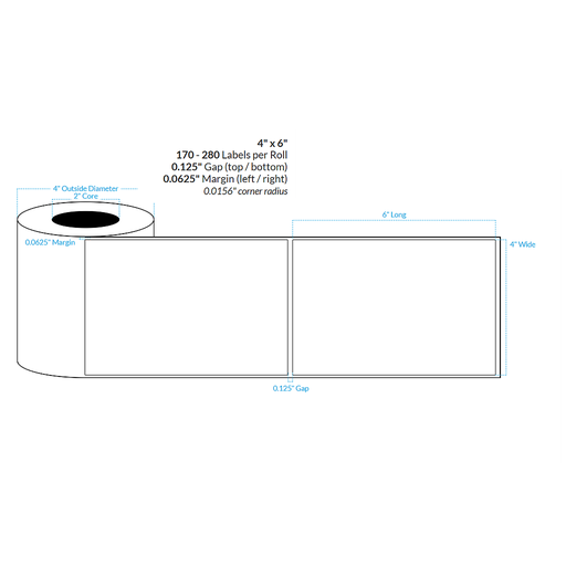 [102473-2X4-R31-195-1000000] 4" X 6" HIGH GLOSS WHITE Polypropylene BOPP {SQUARE CORNERS} Roll Labels  (2"CORE/4"OD)